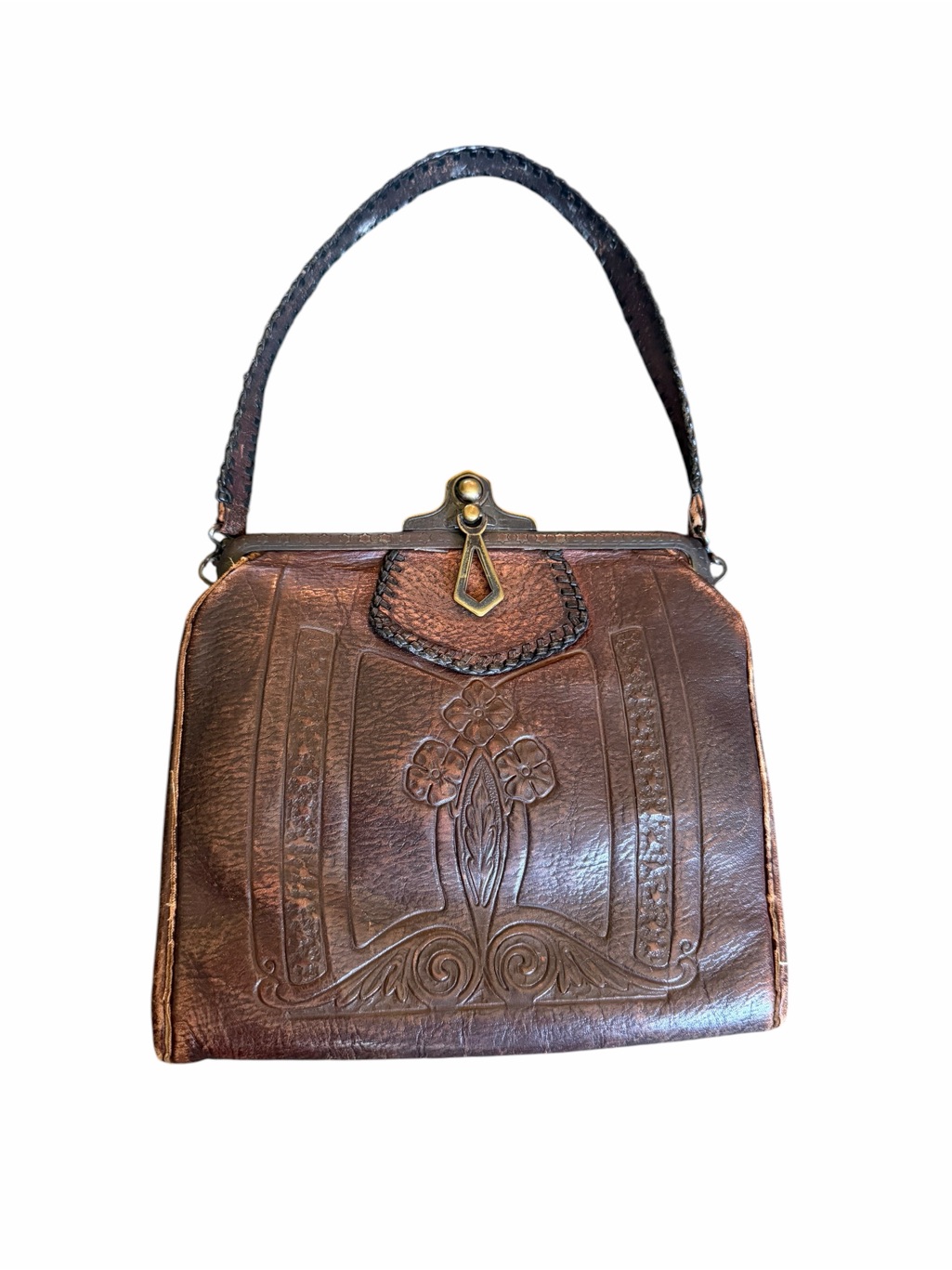 Antique Art Nouveau Spanish Craft Brown Hand Tooled Leather Shoulder Bag